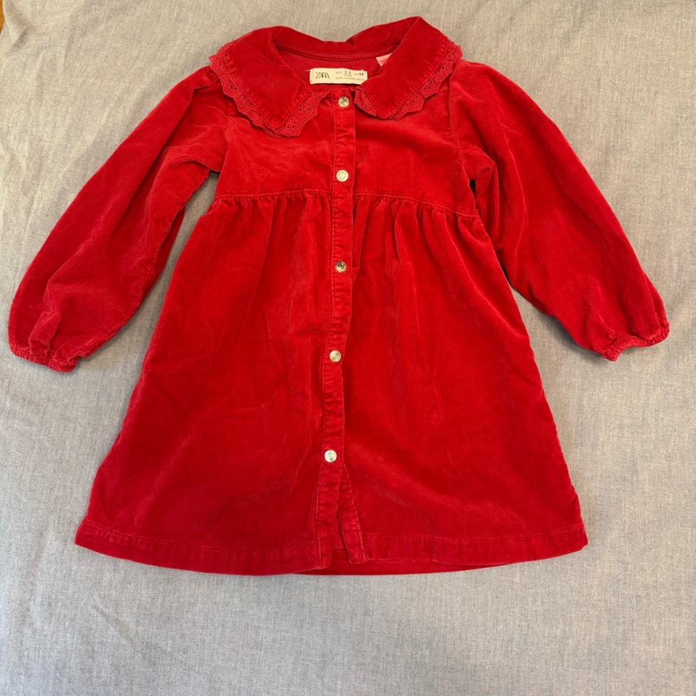 Zara Scarlet Corduroy Dress with Eyelet Collar